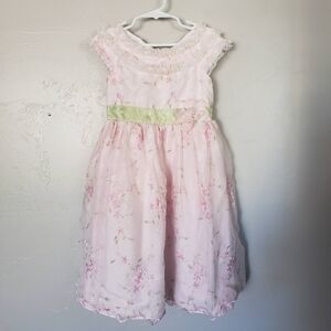 Jona Michelle Girls 5 Short Sleeve Dress Light Pink Organza Ruffle Floral Green